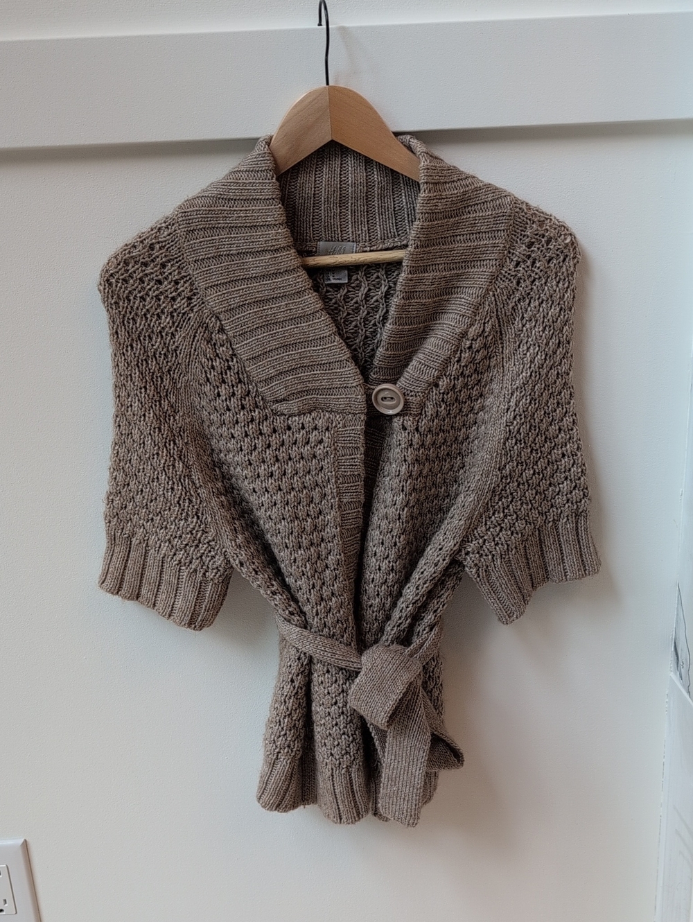 H&M Taupe Shawl Collar short Sleeve Belted Knit Cardigan